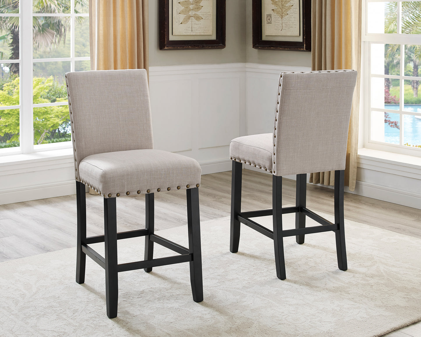 Roundhill Furniture Biony Fabric Counter Height Stools with Nailhead Trim, Set of 2