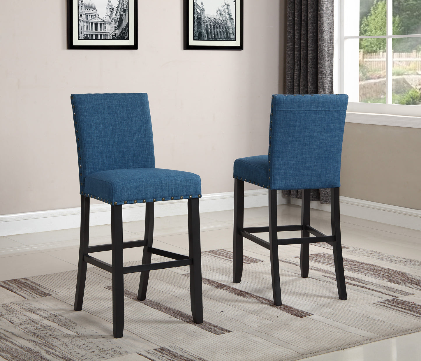 Roundhill Furniture Biony Fabric Bar Stools with Nailhead Trim, Blue, Set of 2