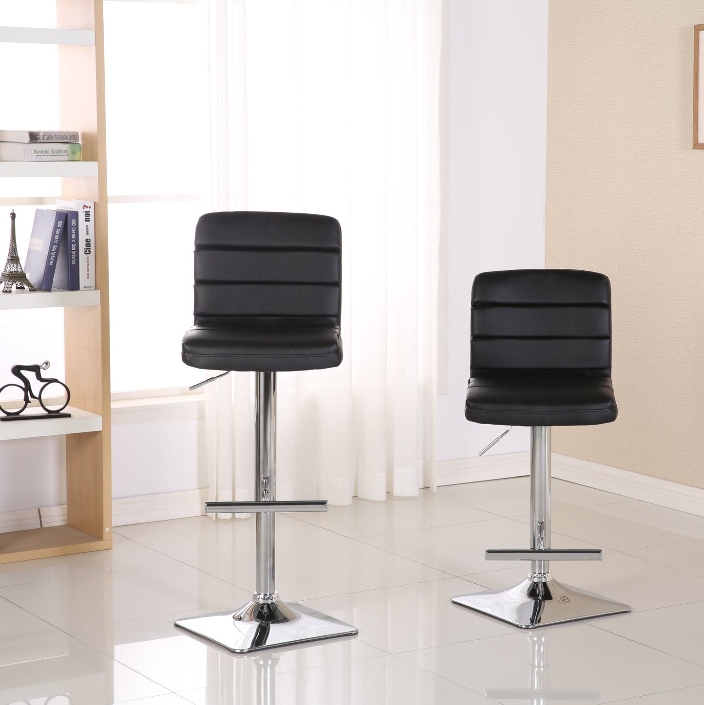 Bradford Black Faux Leather Swivel Height Adjustable Bar Stools with Square Chrome Base, Set of 2