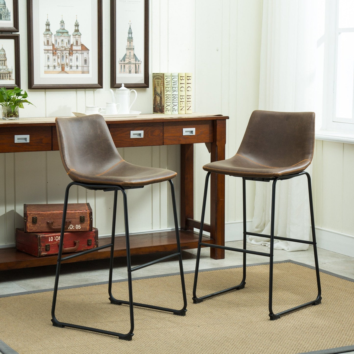 Roundhill Furniture Lotusville Vintage PU Leather Barstools, Antique Brown, Set of 2