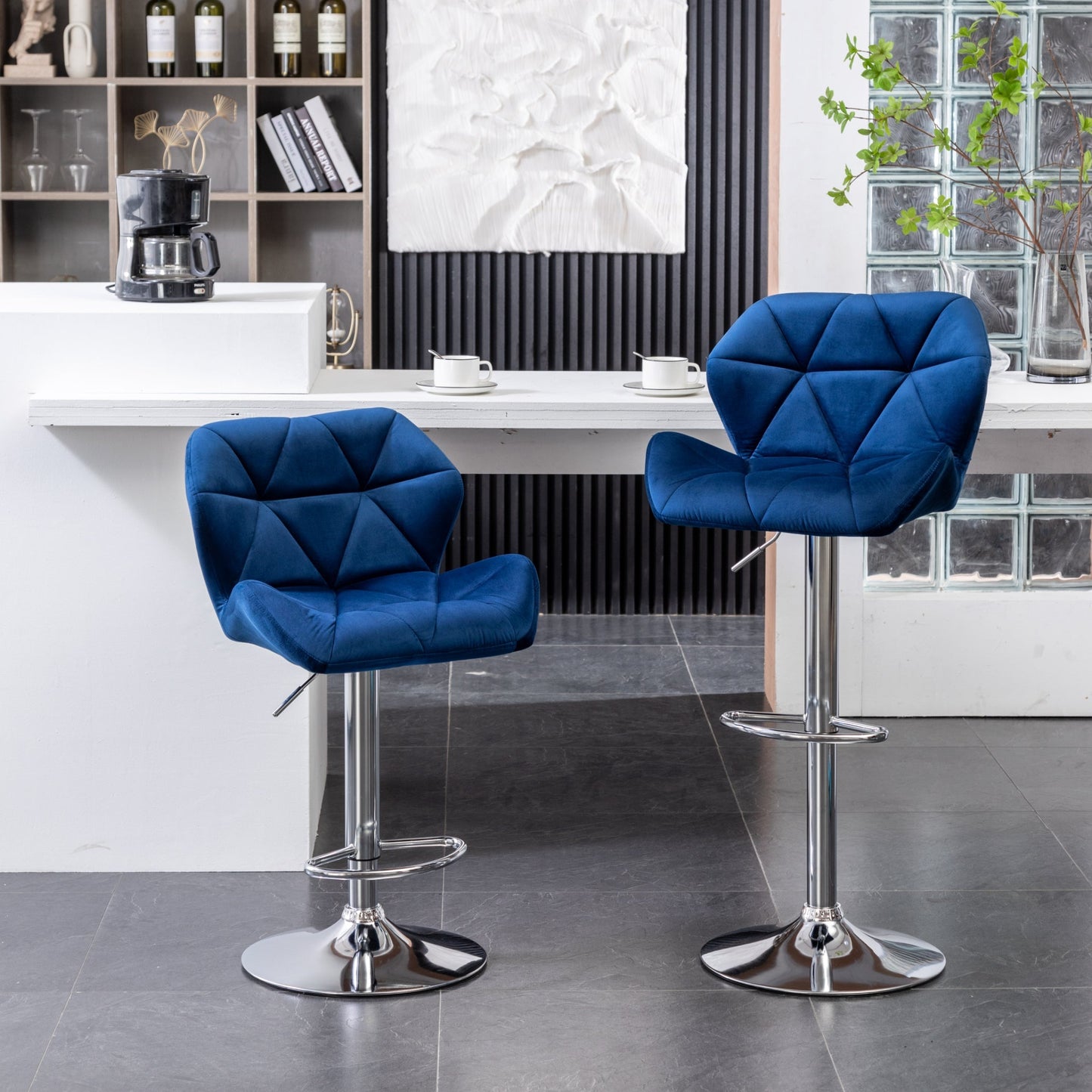 Breni Velvet Diamond Tufted Swivel Adjustable Height Barstool, Set of 2, Blue