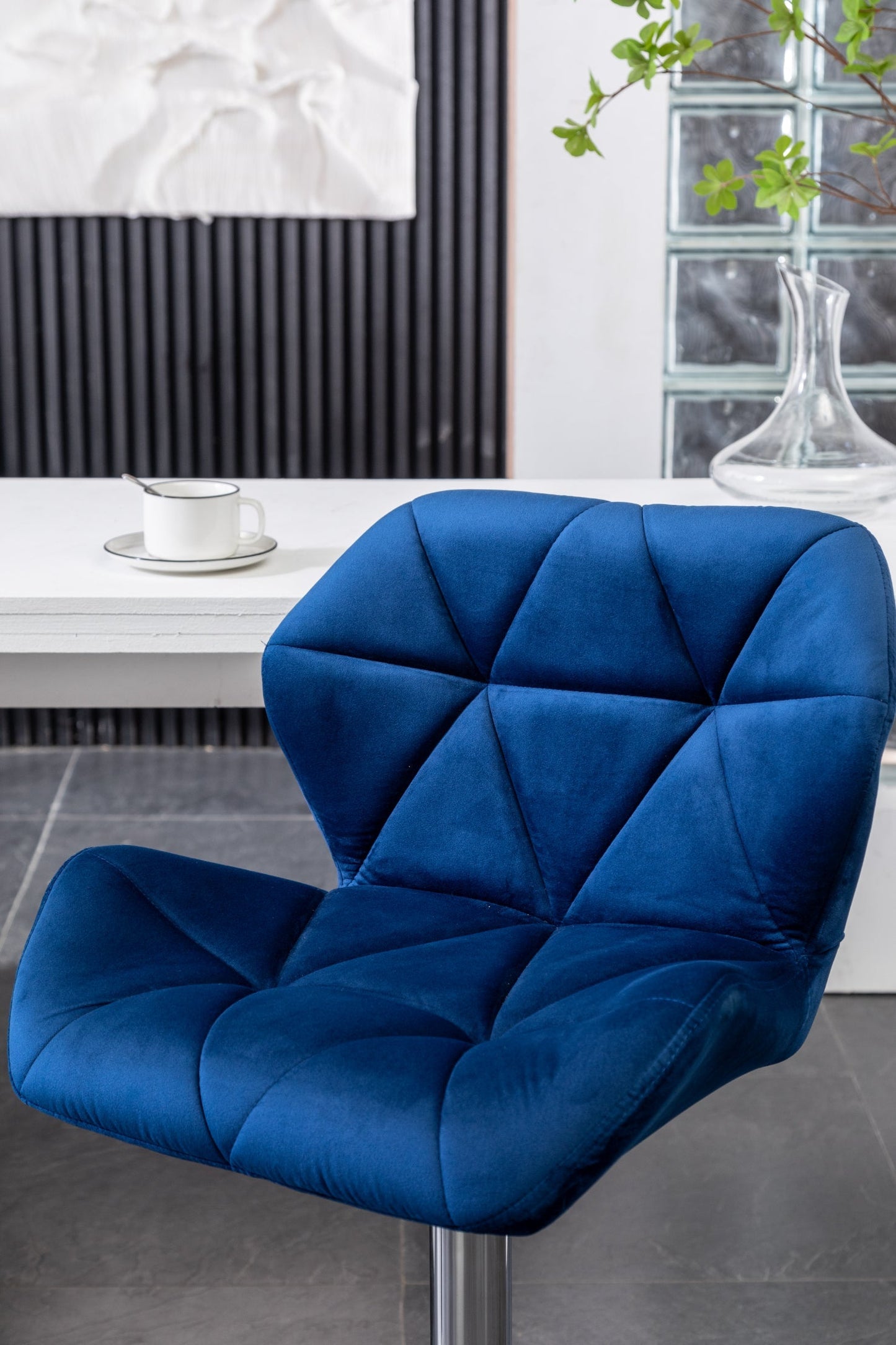 Breni Velvet Diamond Tufted Swivel Adjustable Height Barstool, Set of 2, Blue