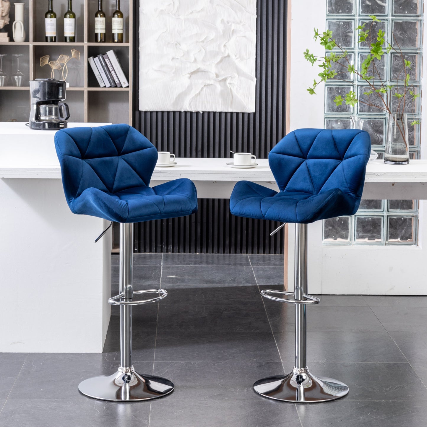Breni Velvet Diamond Tufted Swivel Adjustable Height Barstool, Set of 2, Blue