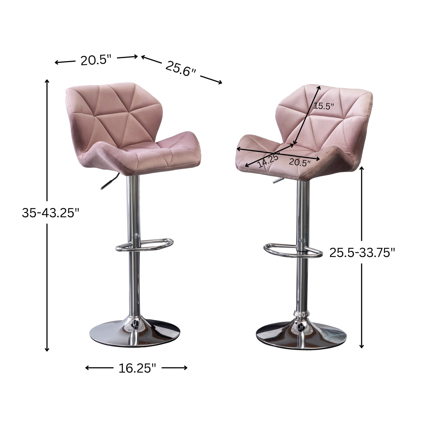 Breni Velvet Diamond Tufted Swivel Adjustable Height Barstool, Set of 2, Mauve