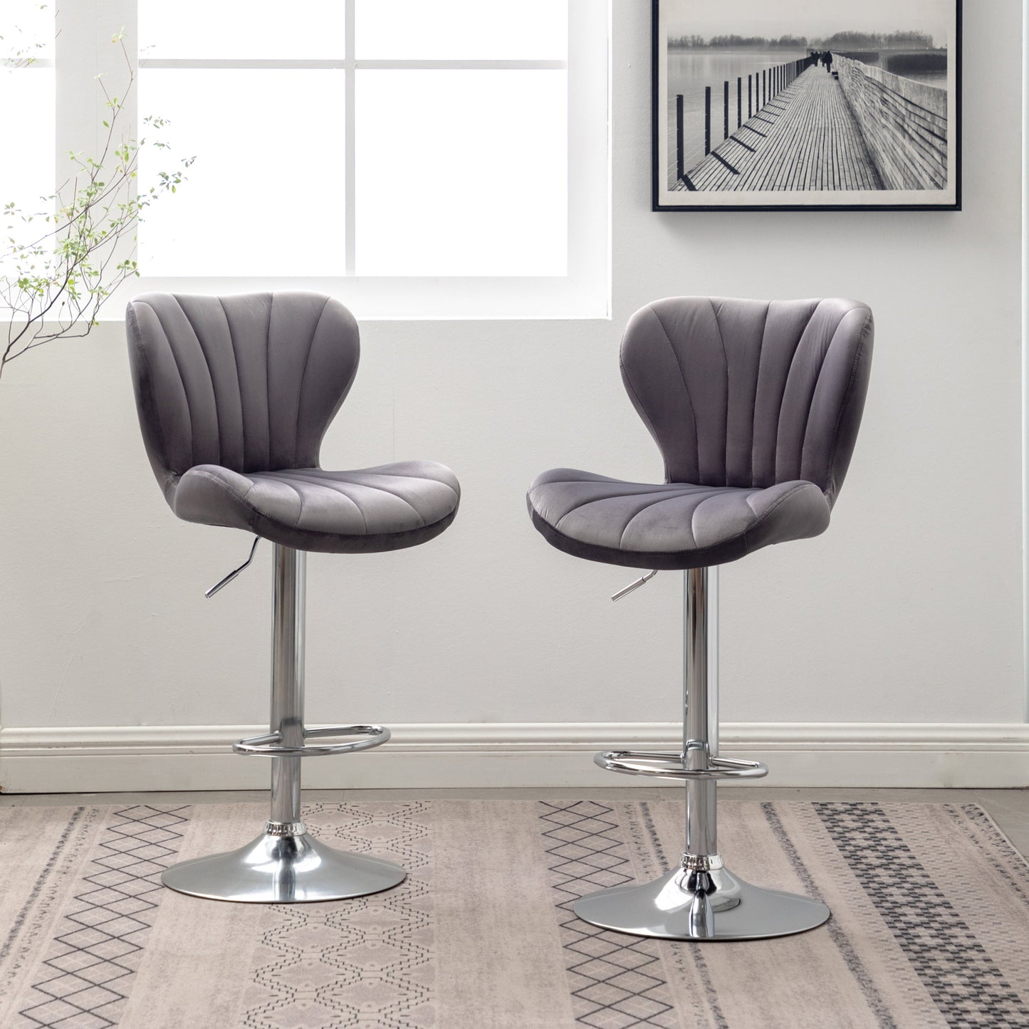 Roundhill Furniture Ellston Upholstered Adjustable Swivel Barstools in Gray, Set of 2