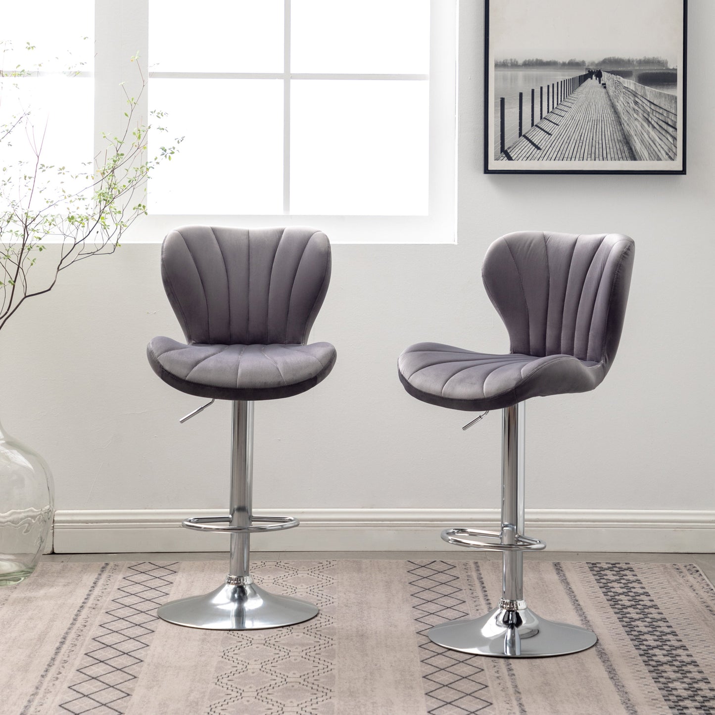 Roundhill Furniture Ellston Upholstered Adjustable Swivel Barstools in Gray, Set of 2