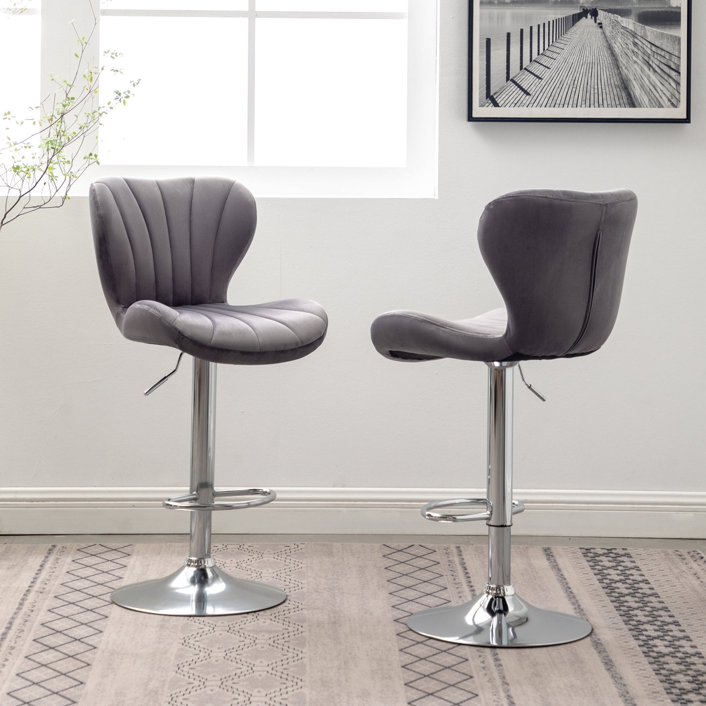 Roundhill Furniture Ellston Upholstered Adjustable Swivel Barstools in Gray, Set of 2