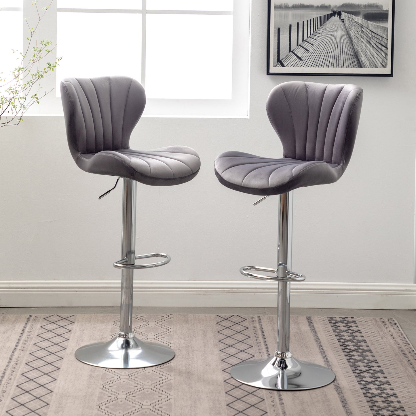 Roundhill Furniture Ellston Upholstered Adjustable Swivel Barstools in Gray, Set of 2