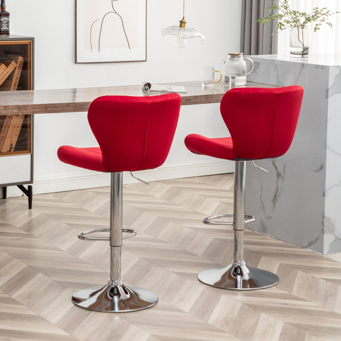 Roundhill Furniture Ellston Upholstered Adjustable Swivel Barstools in Red, Set of 2