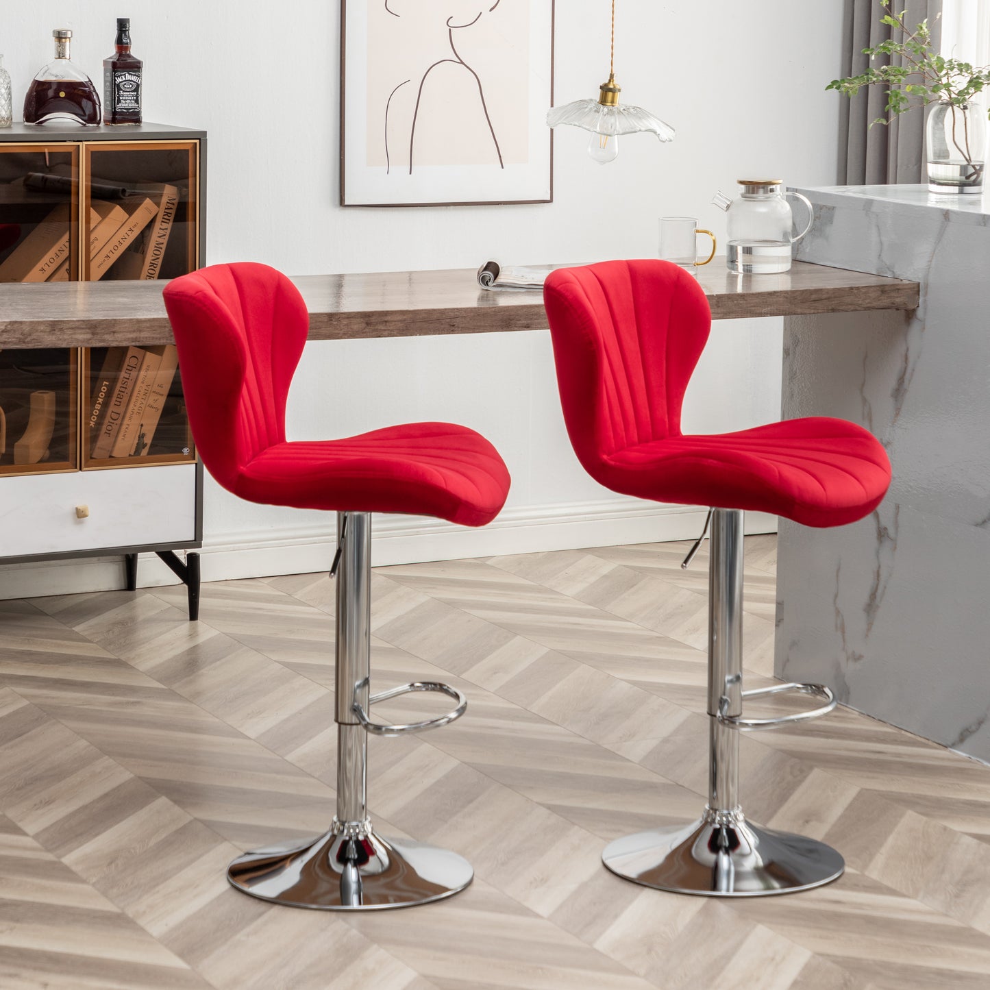 Roundhill Furniture Ellston Upholstered Adjustable Swivel Barstools in Red, Set of 2