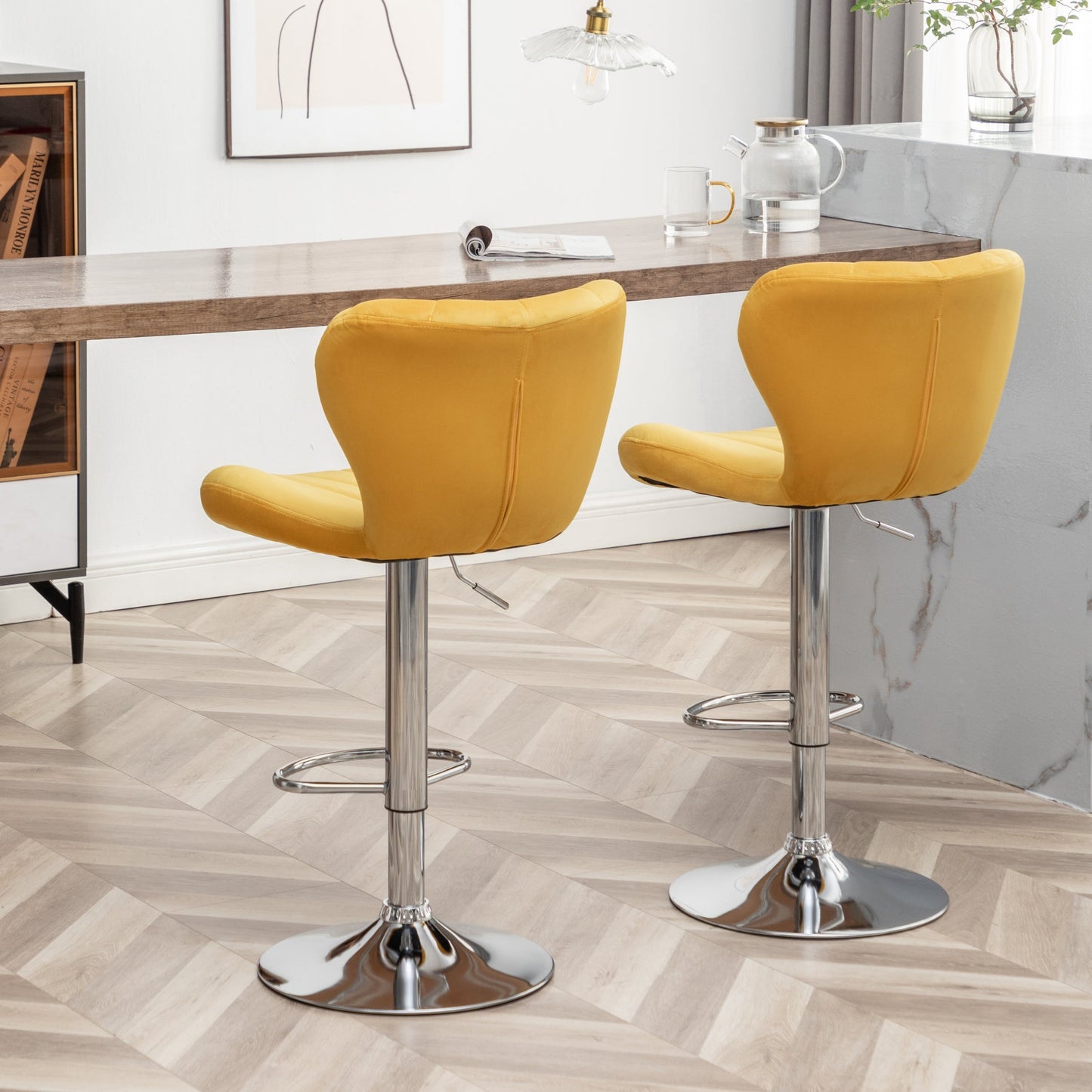 Ellston Upholstered Adjustable Swivel Barstools in Yellow, Set of 2