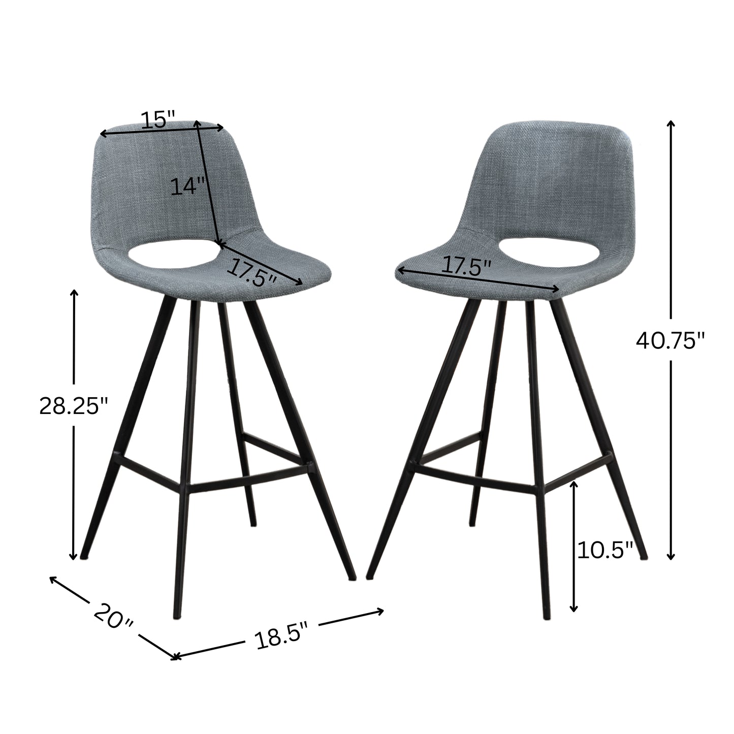 Roundhill Furniture Porth Fabric Kitchen 28.25" Barstools, Set of 2, Gray