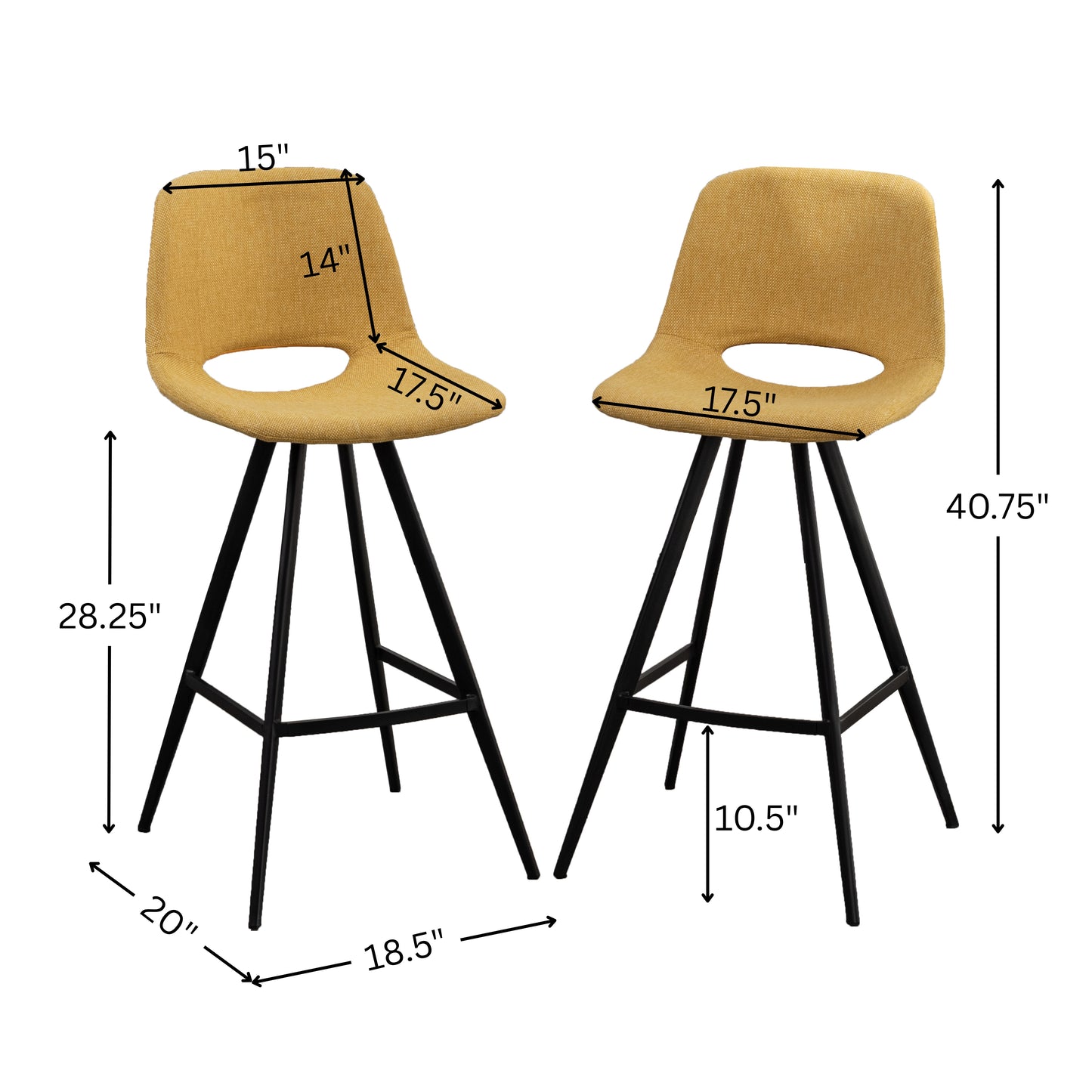 Roundhill Furniture Porth Fabric Kitchen 28.25" Barstools, Set of 2, Yellow