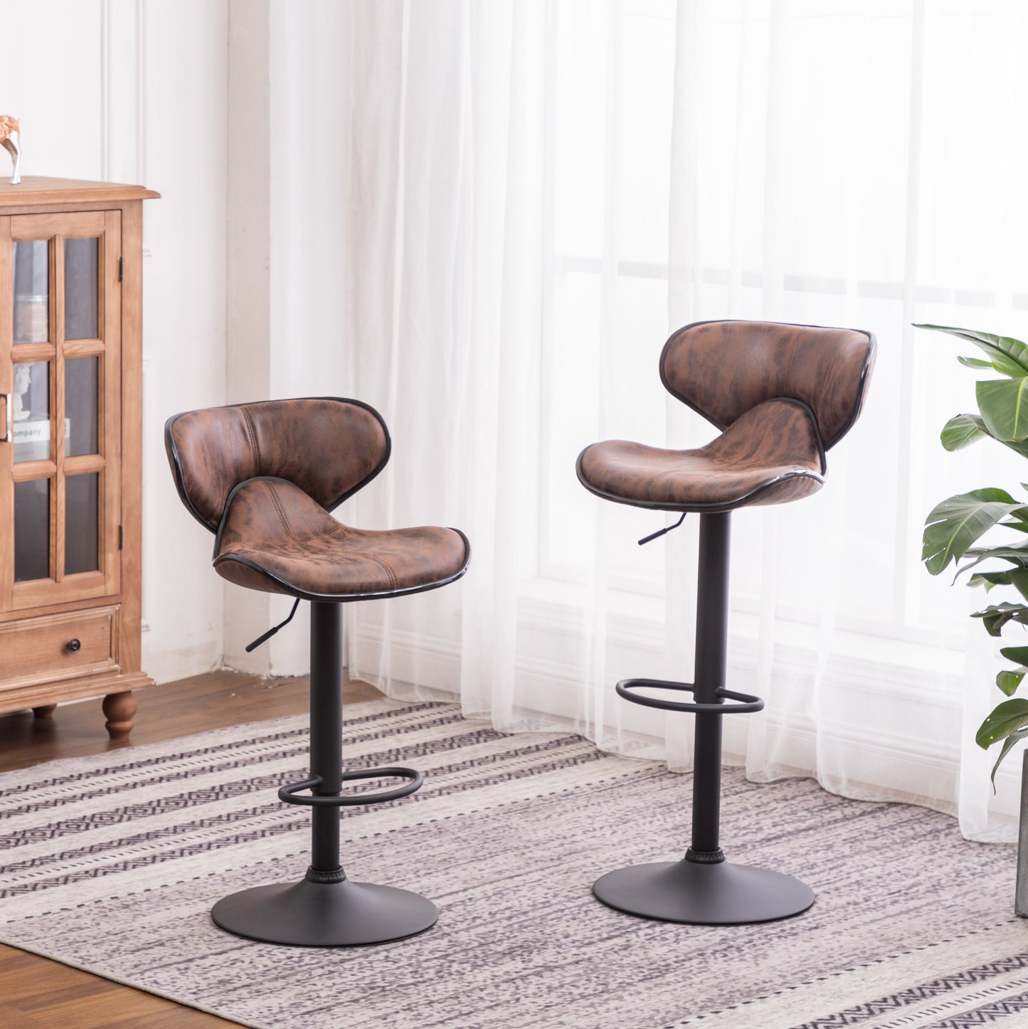 Roundhill Furniture Masaccio Upholstery Airlift Adjustable Swivel Barstool with Chrome Base, Weathered Brown, Set of 2