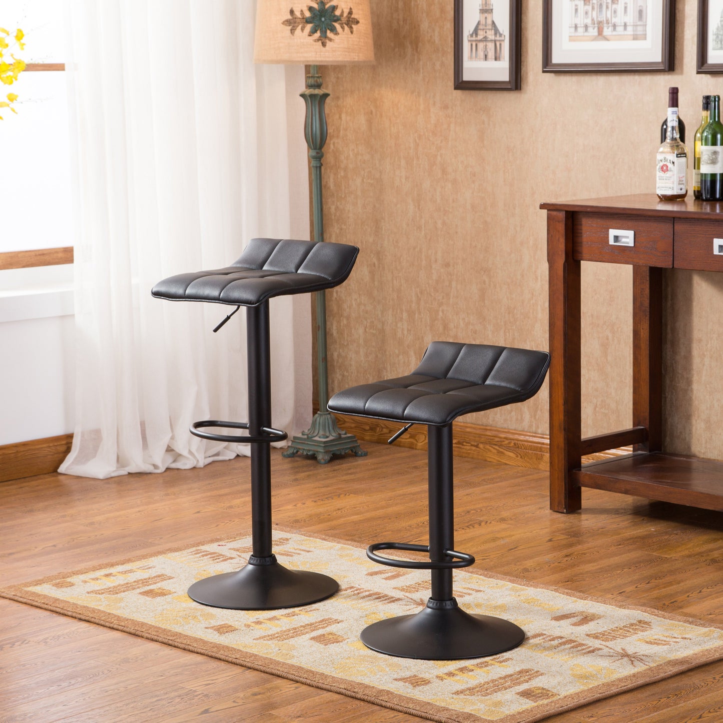 Roundhill Furniture Belham Swivel Bonded Leather Adjustable Bar Stool, Black, Set of 2