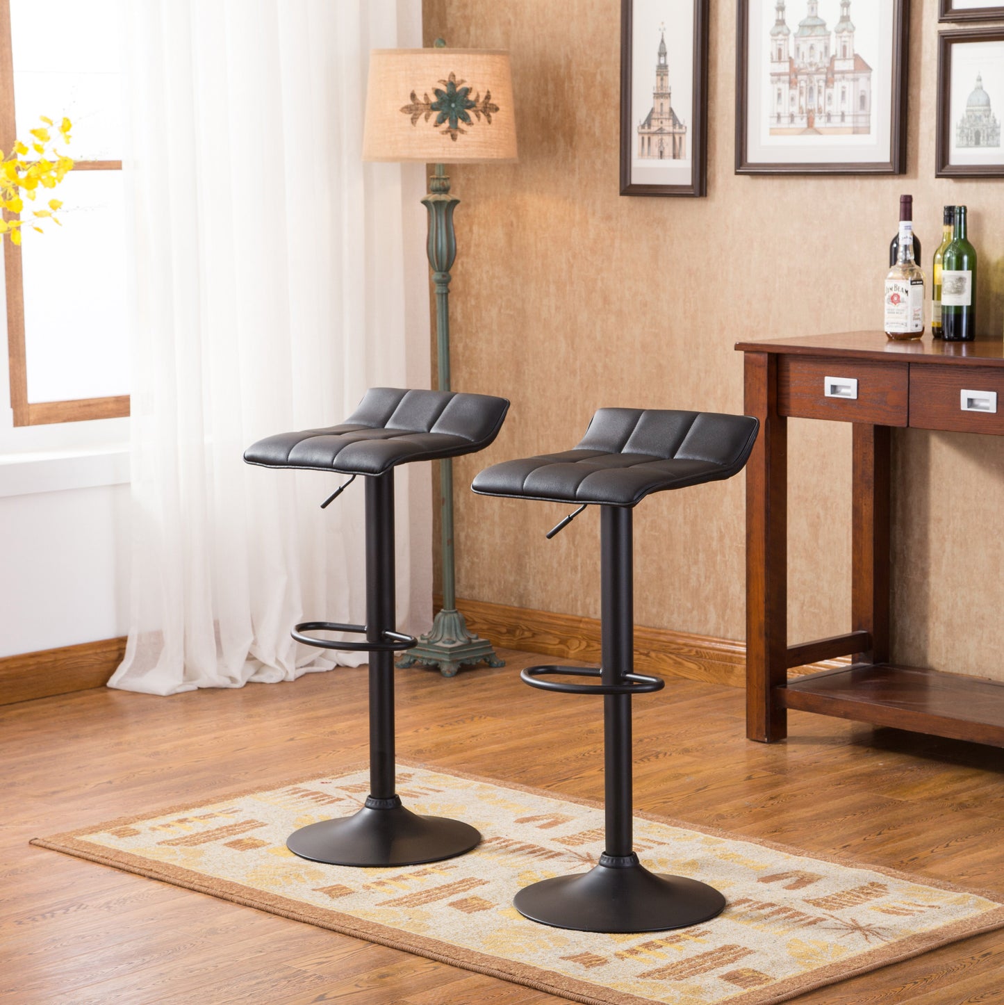 Roundhill Furniture Belham Swivel Bonded Leather Adjustable Bar Stool, Black, Set of 2