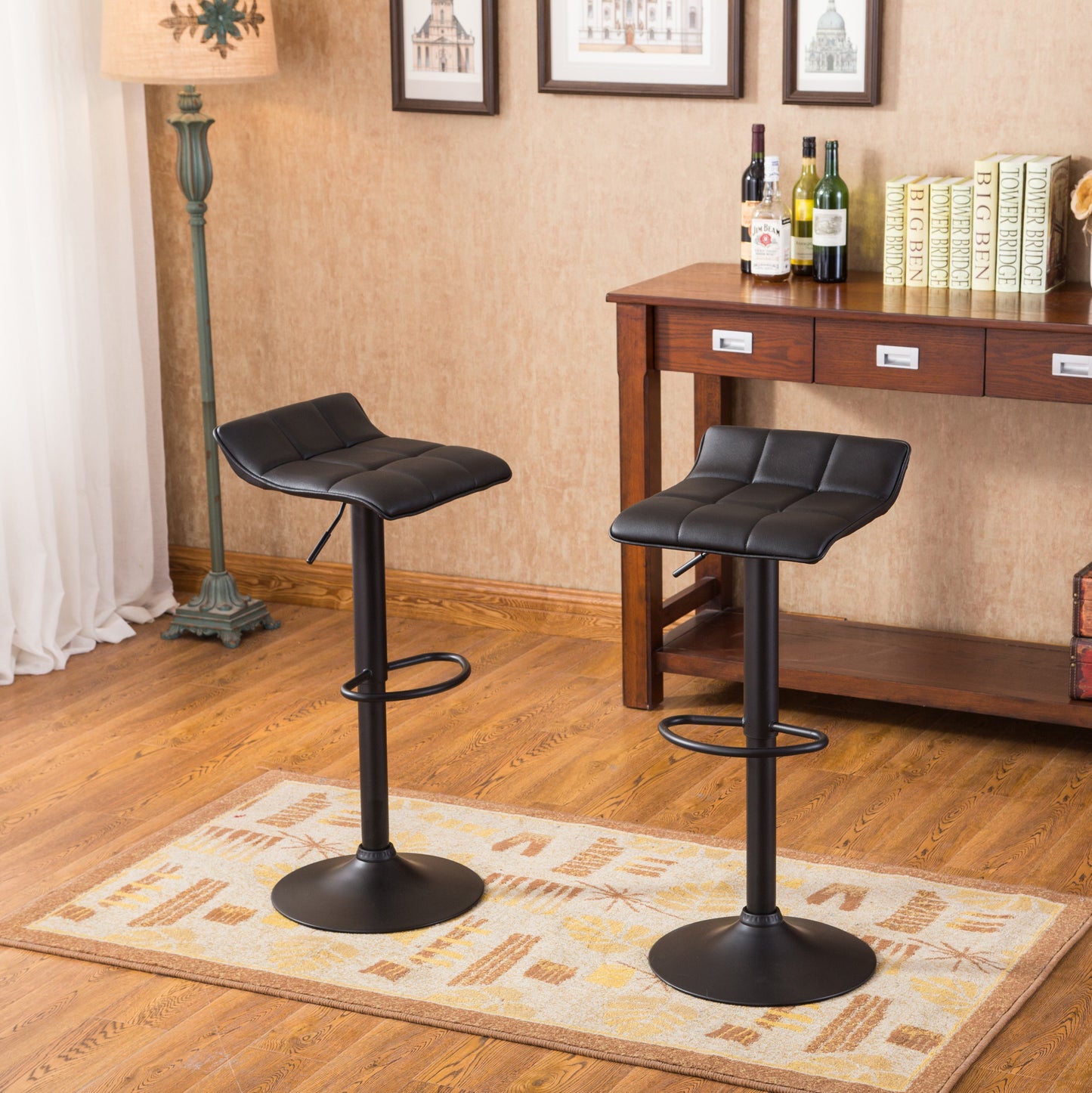 Roundhill Furniture Belham Swivel Bonded Leather Adjustable Bar Stool, Black, Set of 2