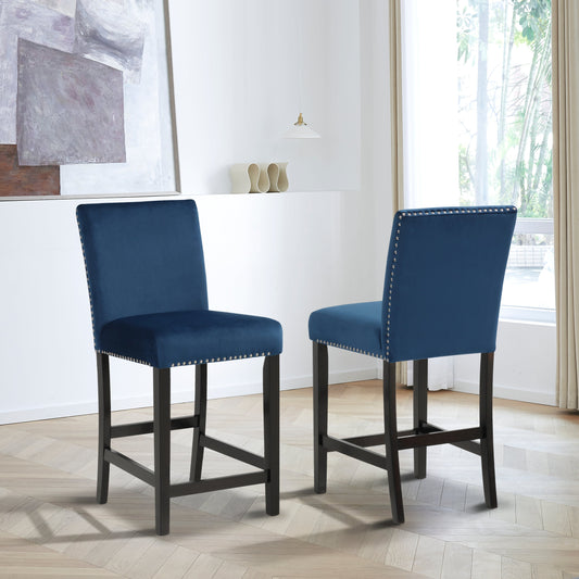 Roundhill Furniture Cobre Contemporary Velvet Counter Stool with Nailhead Trim, Blue, Set of 2