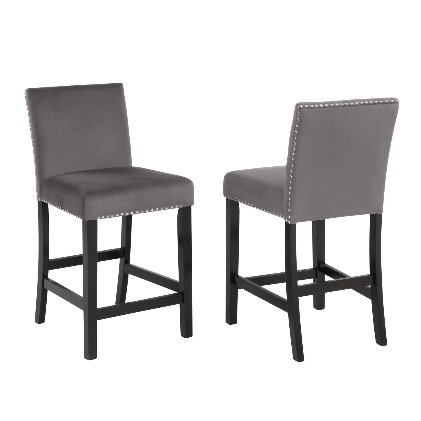 Roundhill Furniture Cobre Contemporary Velvet Counter Stool with Nailhead Trim, Gray, Set of 2