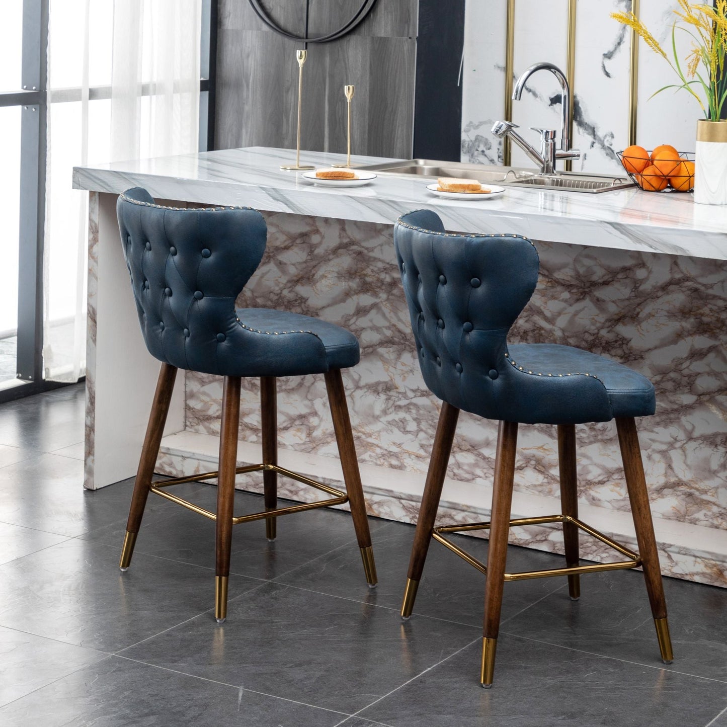 Roundhill Furniture Nevis Mid-century Modern Faux Leather Tufted Nailhead Trim Counter Stools, Set of 2