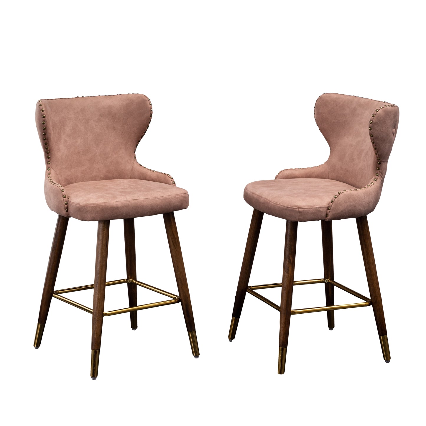 Roundhill Furniture Nevis Mid-century Modern Faux Leather Tufted Nailhead Trim Counter Stool, Pink, Set of 2