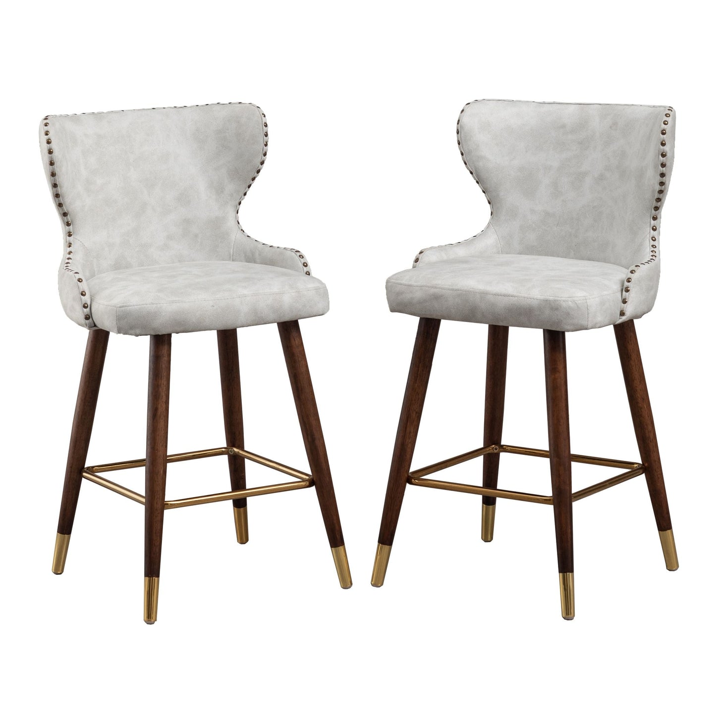 Roundhill Furniture Nevis Mid-century Modern Faux Leather Tufted Nailhead Trim Counter Stools, Set of 2
