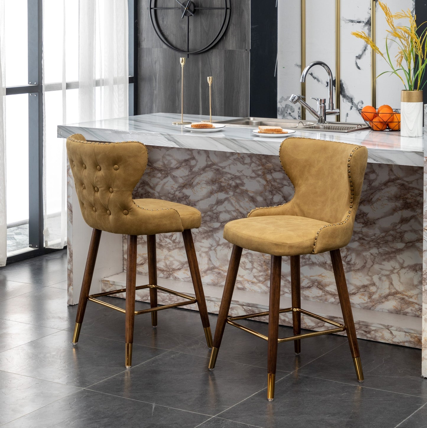 Roundhill Furniture Nevis Mid-century Modern Faux Leather Tufted Nailhead Trim Counter Stools, Set of 2