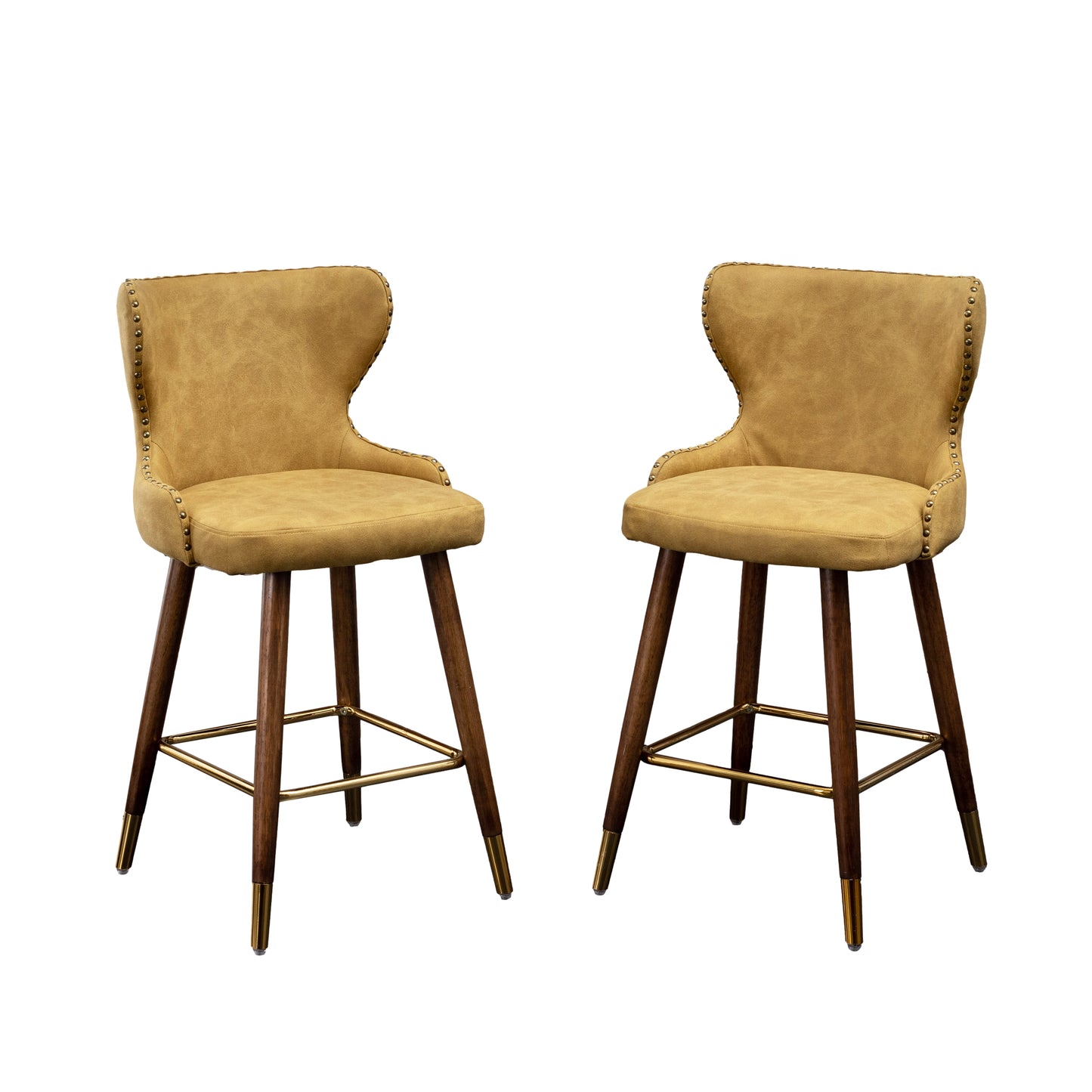 Roundhill Furniture Nevis Mid-century Modern Faux Leather Tufted Nailhead Trim Counter Stool, Yellow, Set of 2