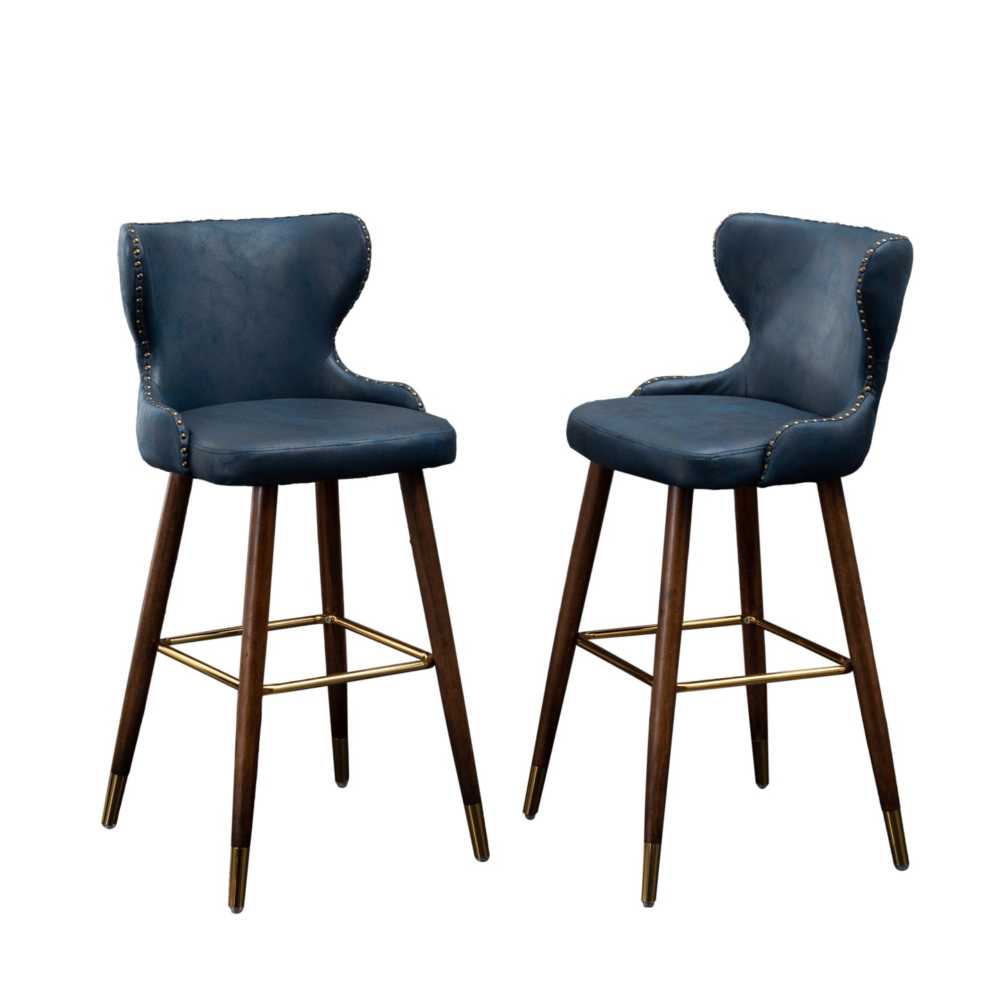 Roundhill Furniture Nevis Mid-century Modern Faux Leather Tufted Nailhead Trim Barstool, Blue, Set of 2