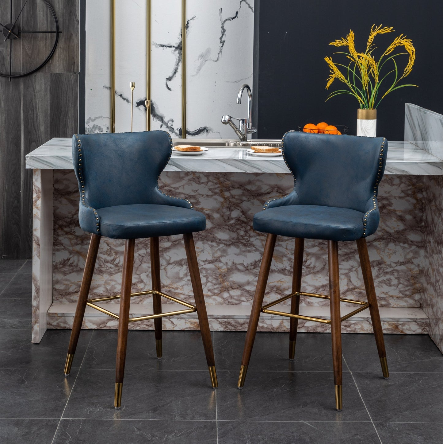 Roundhill Furniture Nevis Mid-century Modern Faux Leather Tufted Nailhead Trim Barstools, Set of 2