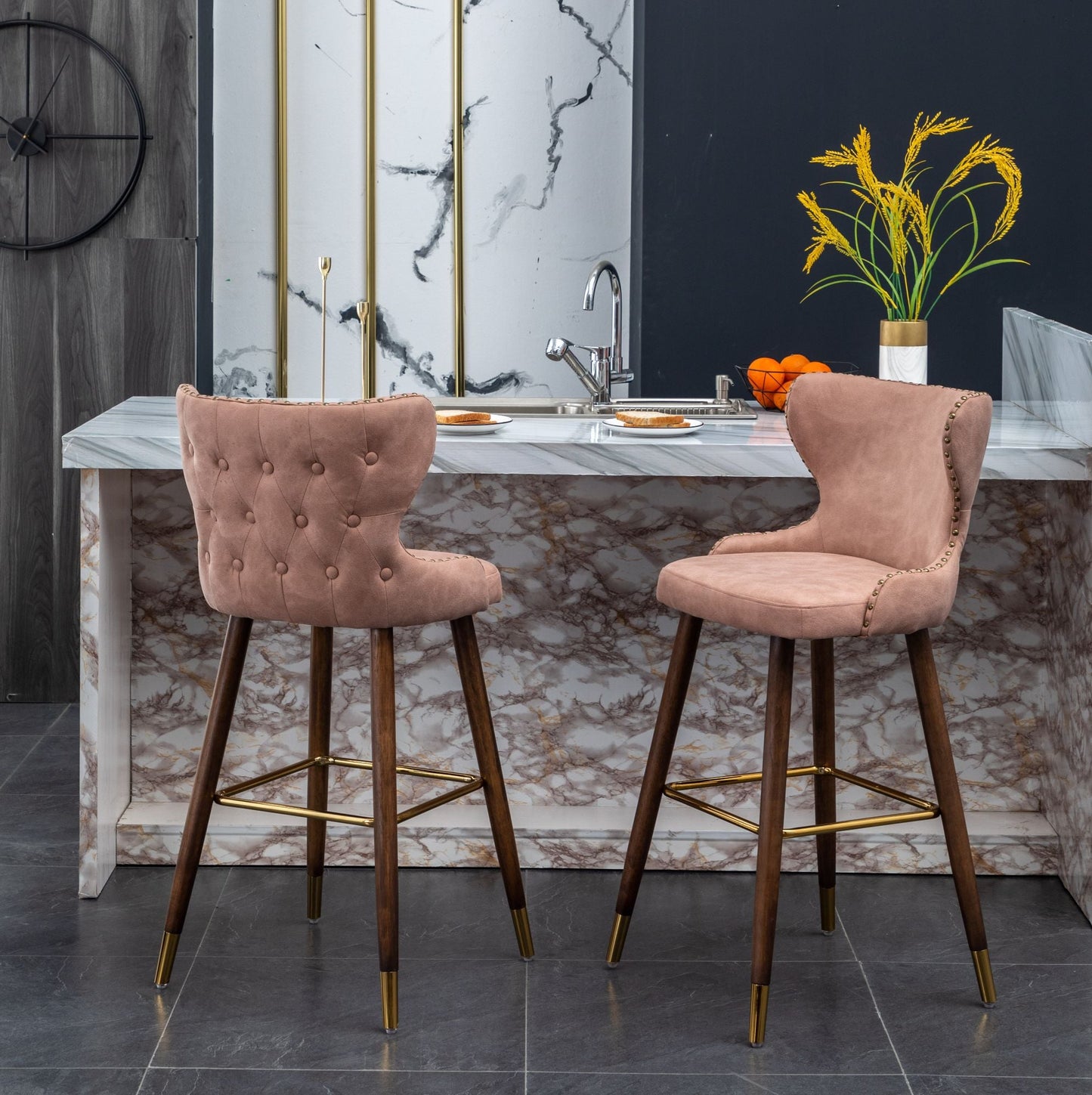 Roundhill Furniture Nevis Mid-century Modern Faux Leather Tufted Nailhead Trim Barstools, Set of 2