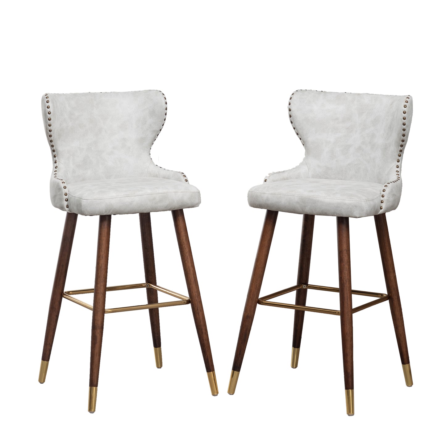 Roundhill Furniture Nevis Mid-century Modern Faux Leather Tufted Nailhead Trim Barstool, White, Set of 2