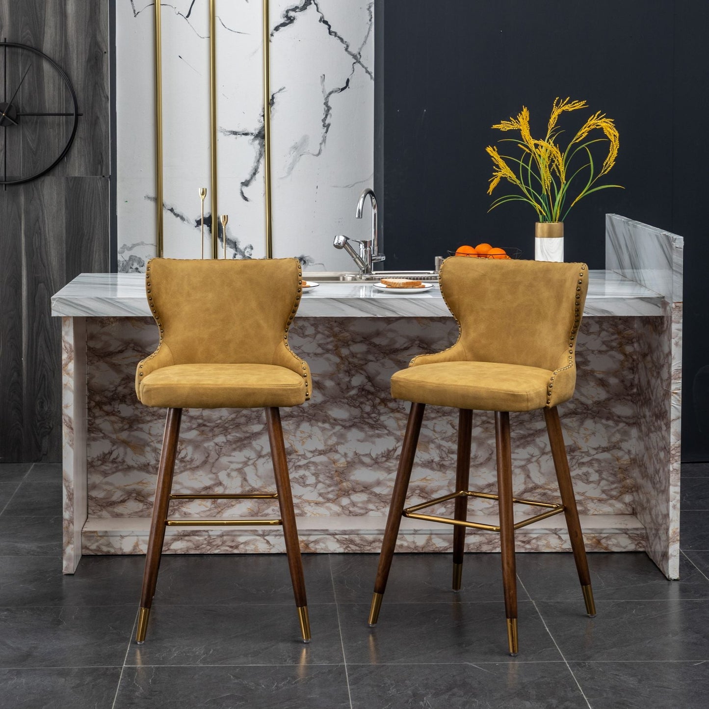 Roundhill Furniture Nevis Mid-century Modern Faux Leather Tufted Nailhead Trim Barstools, Set of 2