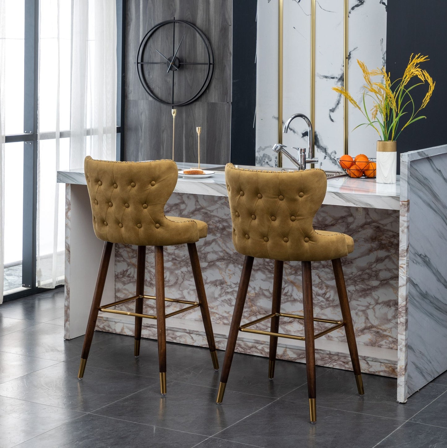 Roundhill Furniture Nevis Mid-century Modern Faux Leather Tufted Nailhead Trim Barstools, Set of 2