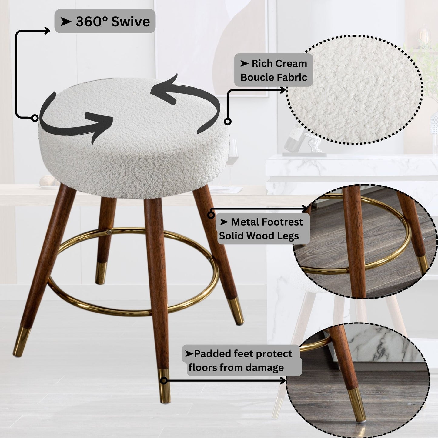 MoMo Boucle Upholstered Counter Height Stool, 360?? Swivel, White