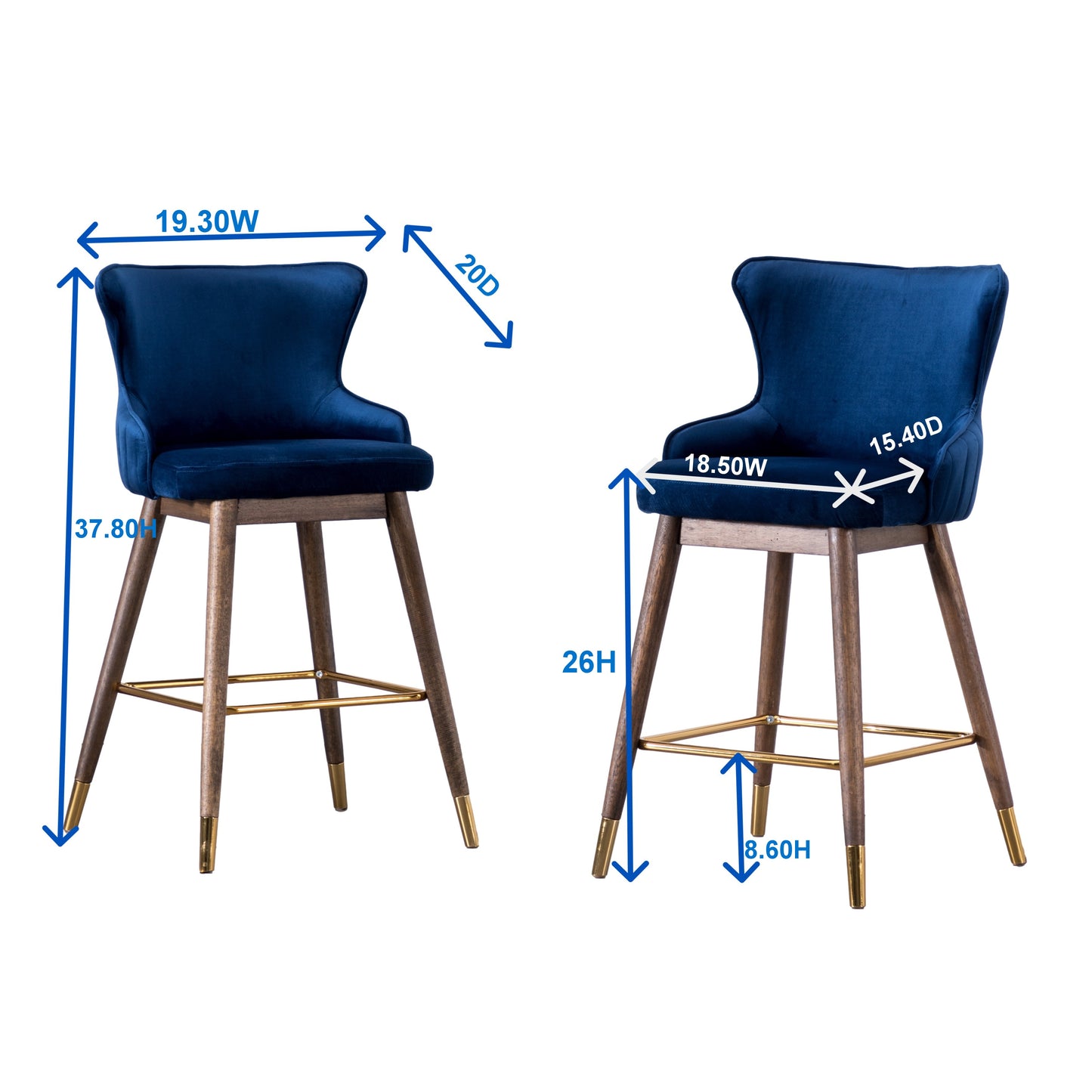 Roundhill Furniture Leland Fabric Upholstered Counter Height Wingback Stools, Blue, Set of 2