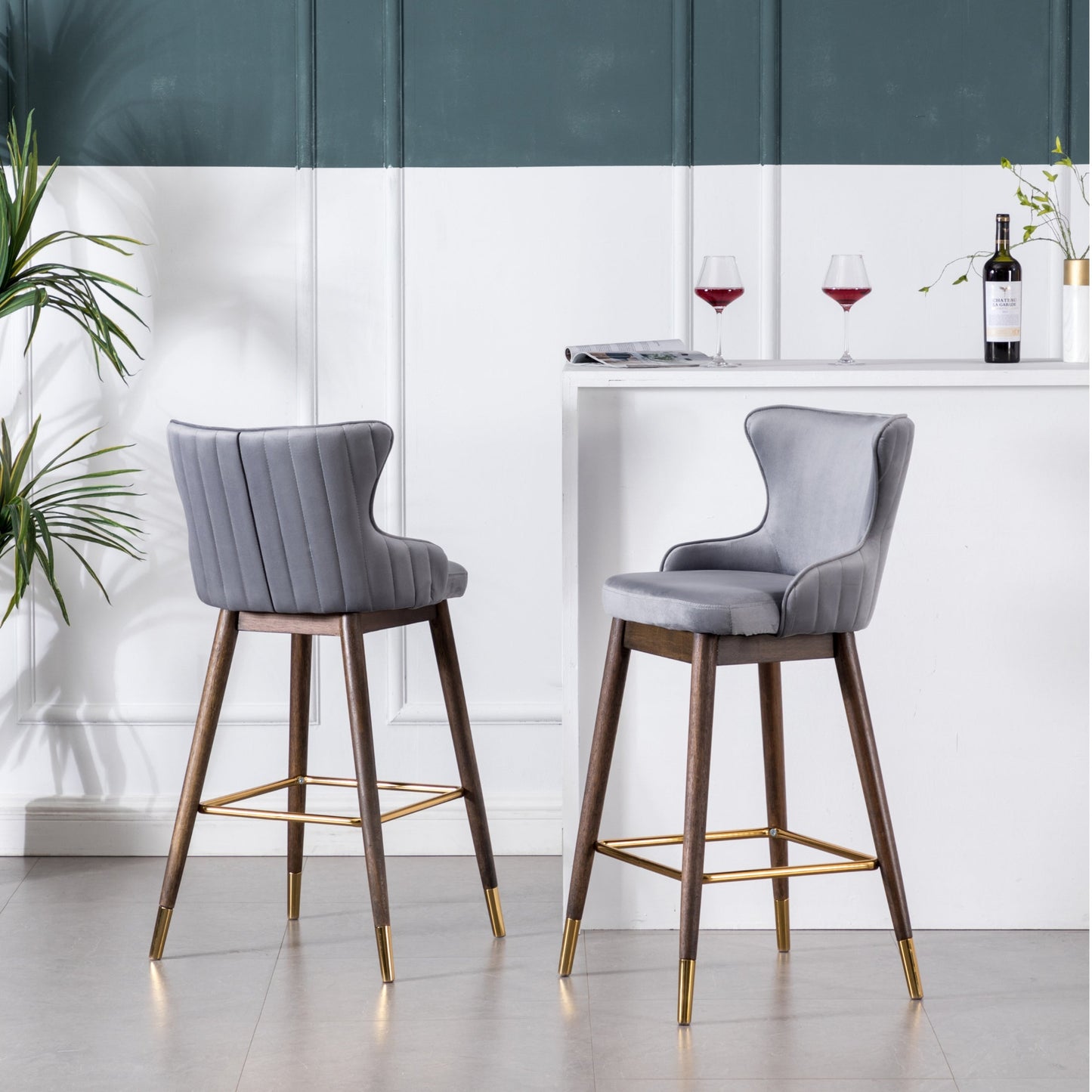 Roundhill Furniture Leland Fabric Upholstered Wingback Bar Stools, Gray, Set of 2