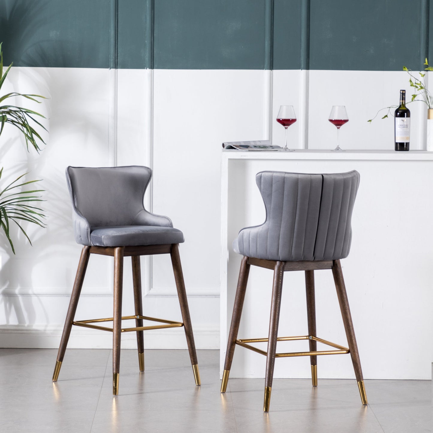 Leland Fabric Upholstered Wingback Bar Stools, Set of 2, Gray