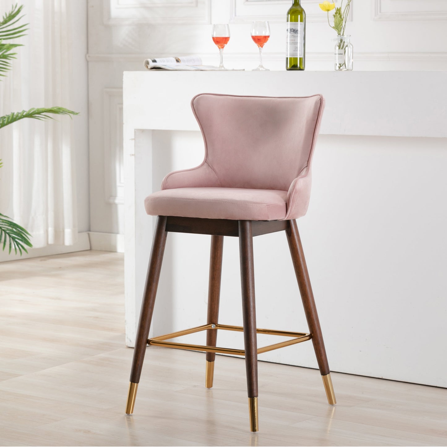 Roundhill Furniture Leland Fabric Upholstered Wingback Bar Stools, Pink, Set of 2