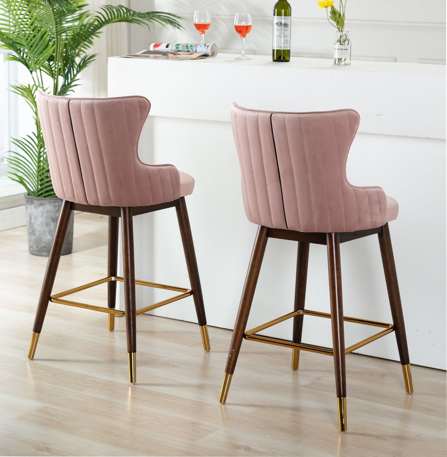 Roundhill Furniture Leland Fabric Upholstered Wingback Bar Stools, Pink, Set of 2