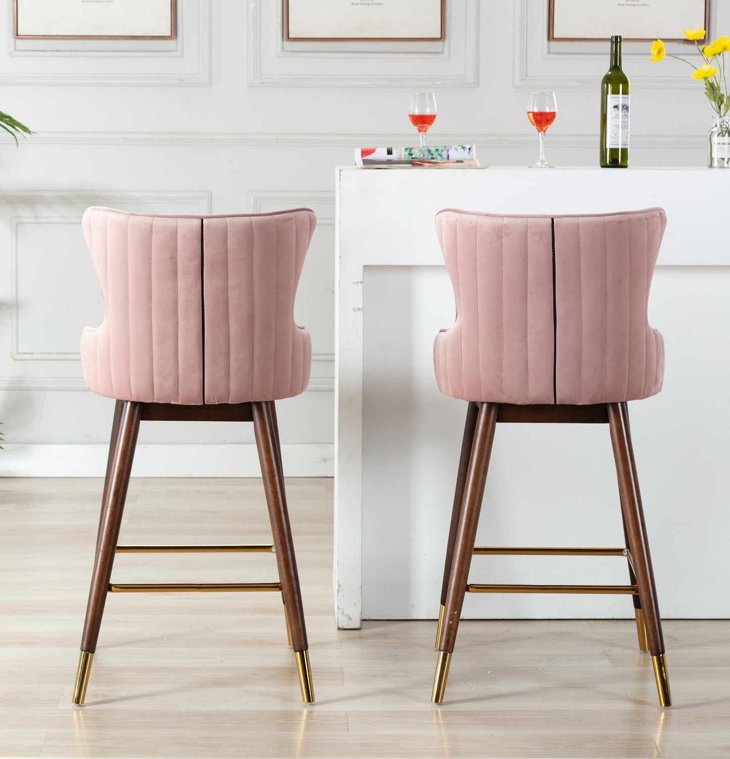 Roundhill Furniture Leland Fabric Upholstered Wingback Bar Stools, Pink, Set of 2