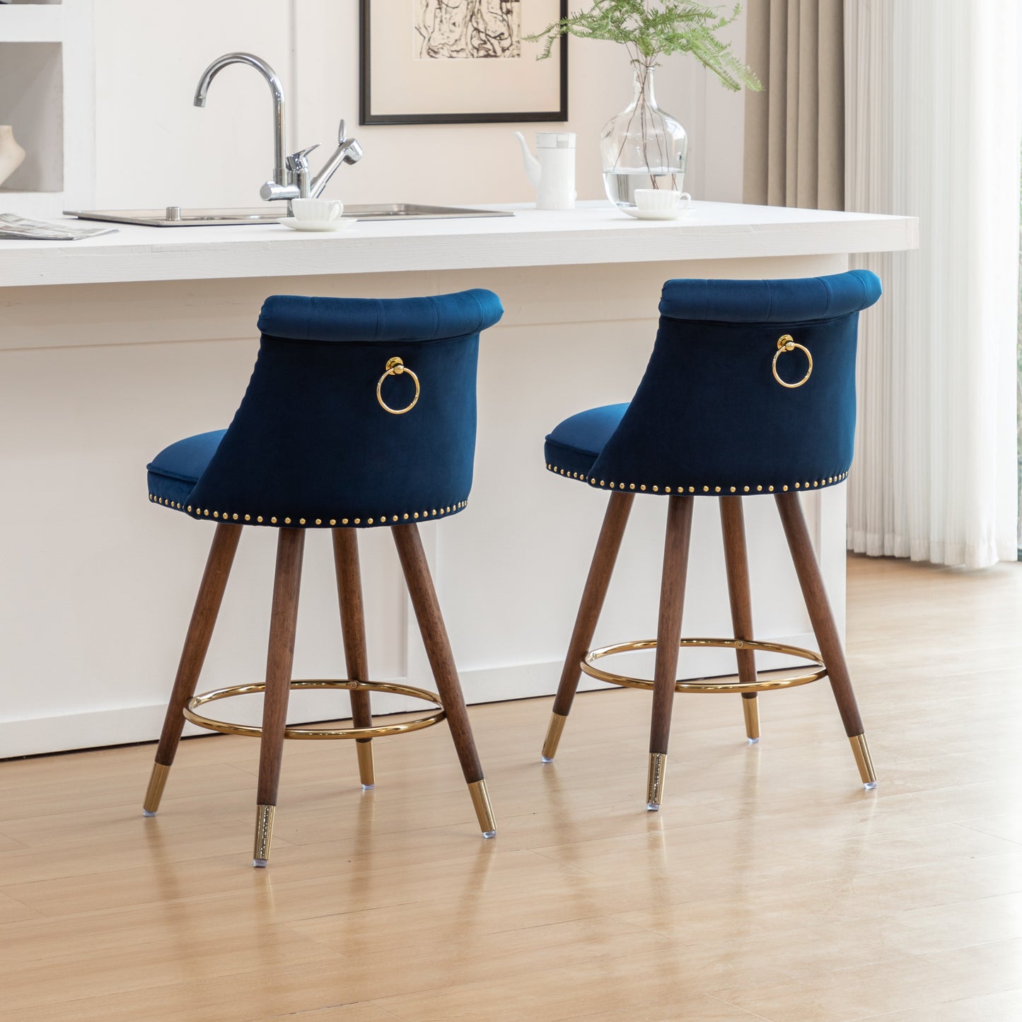 Roundhill Furniture Elvara 2-Piece Button-Tufted Counter Stools with Nailhead Trim