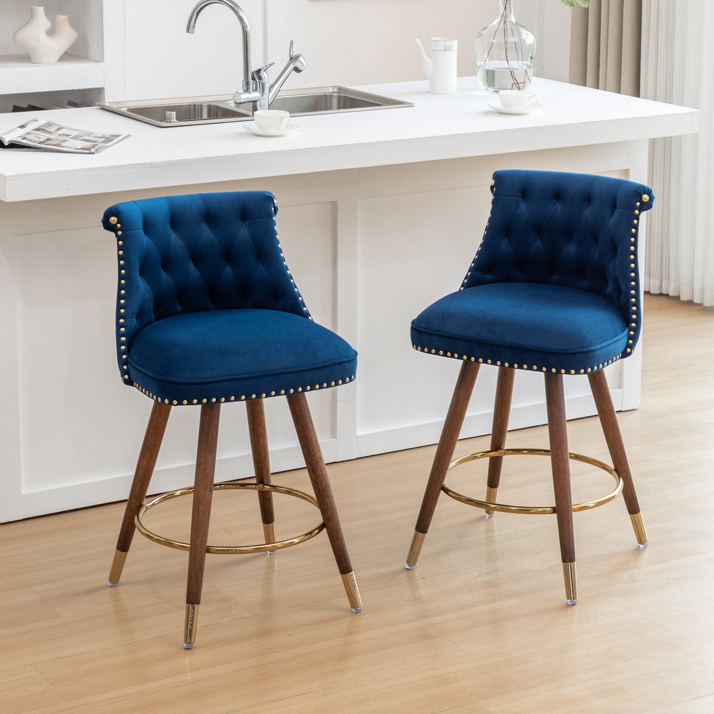 Roundhill Furniture Elvara 2-Piece Button-Tufted Counter Stools with Nailhead Trim