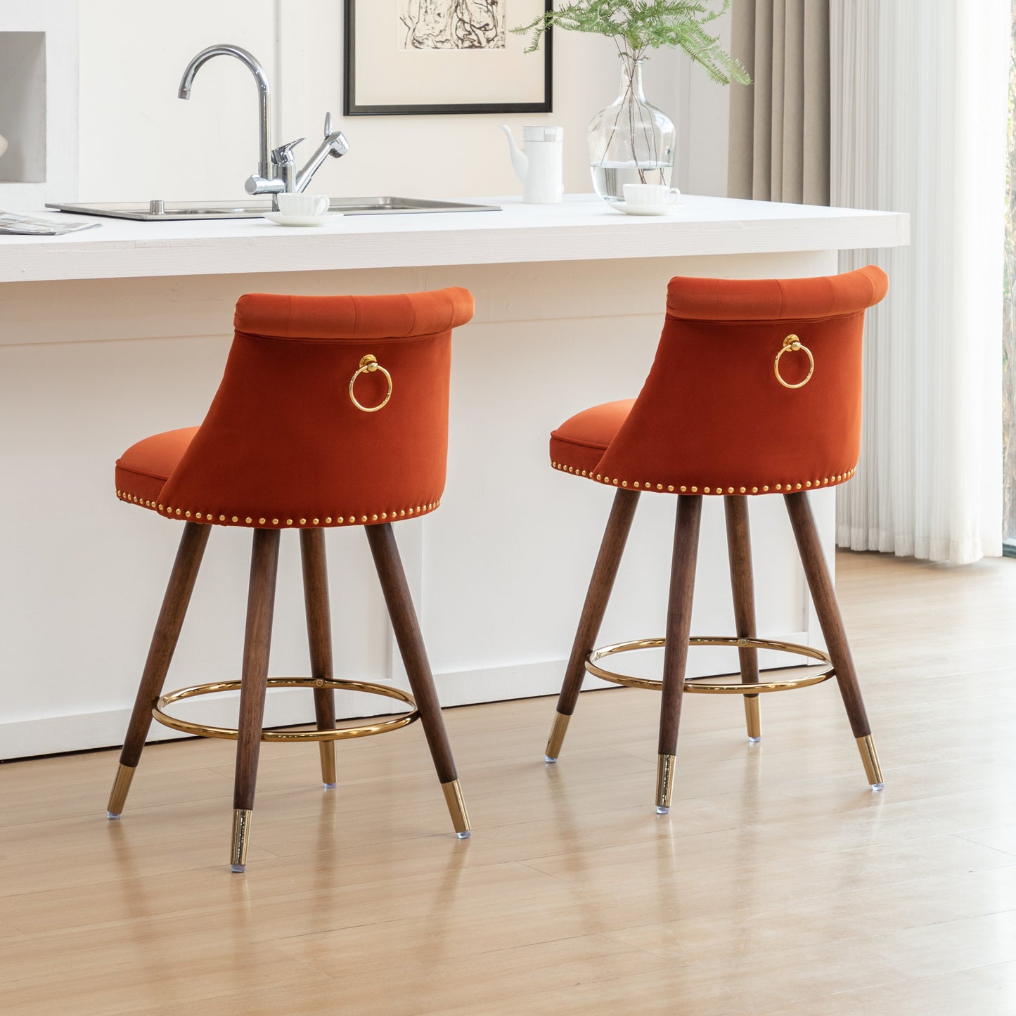 Roundhill Furniture Elvara 2-Piece Button-Tufted Counter Stools with Nailhead Trim