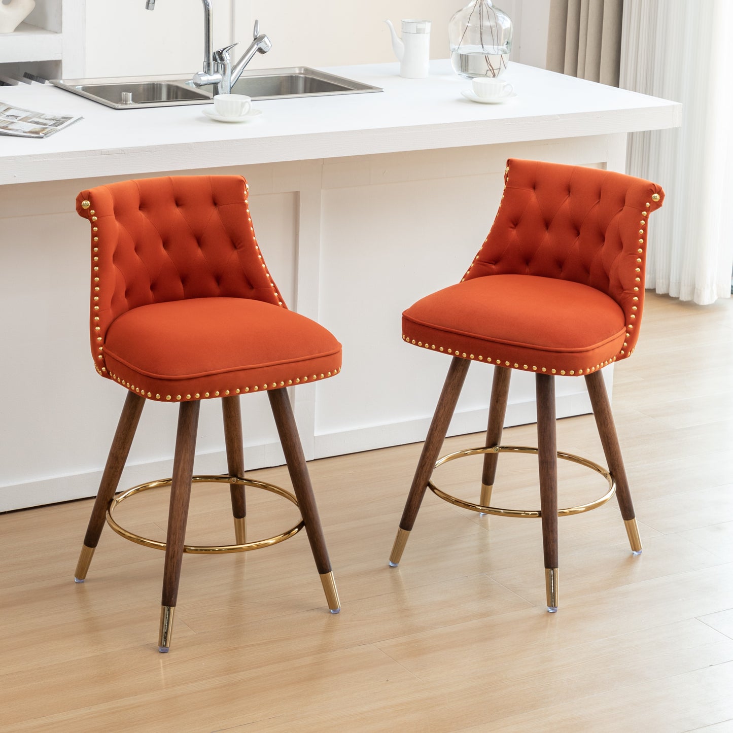 Roundhill Furniture Elvara 2-Piece Button-Tufted Counter Stools with Nailhead Trim