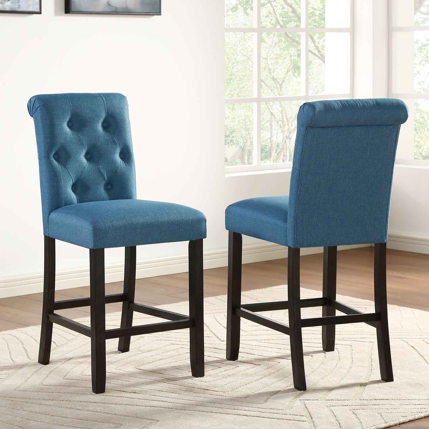 Leviton Solid Wood Tufted Asons Counter Height Stool, Set of 2, Blue