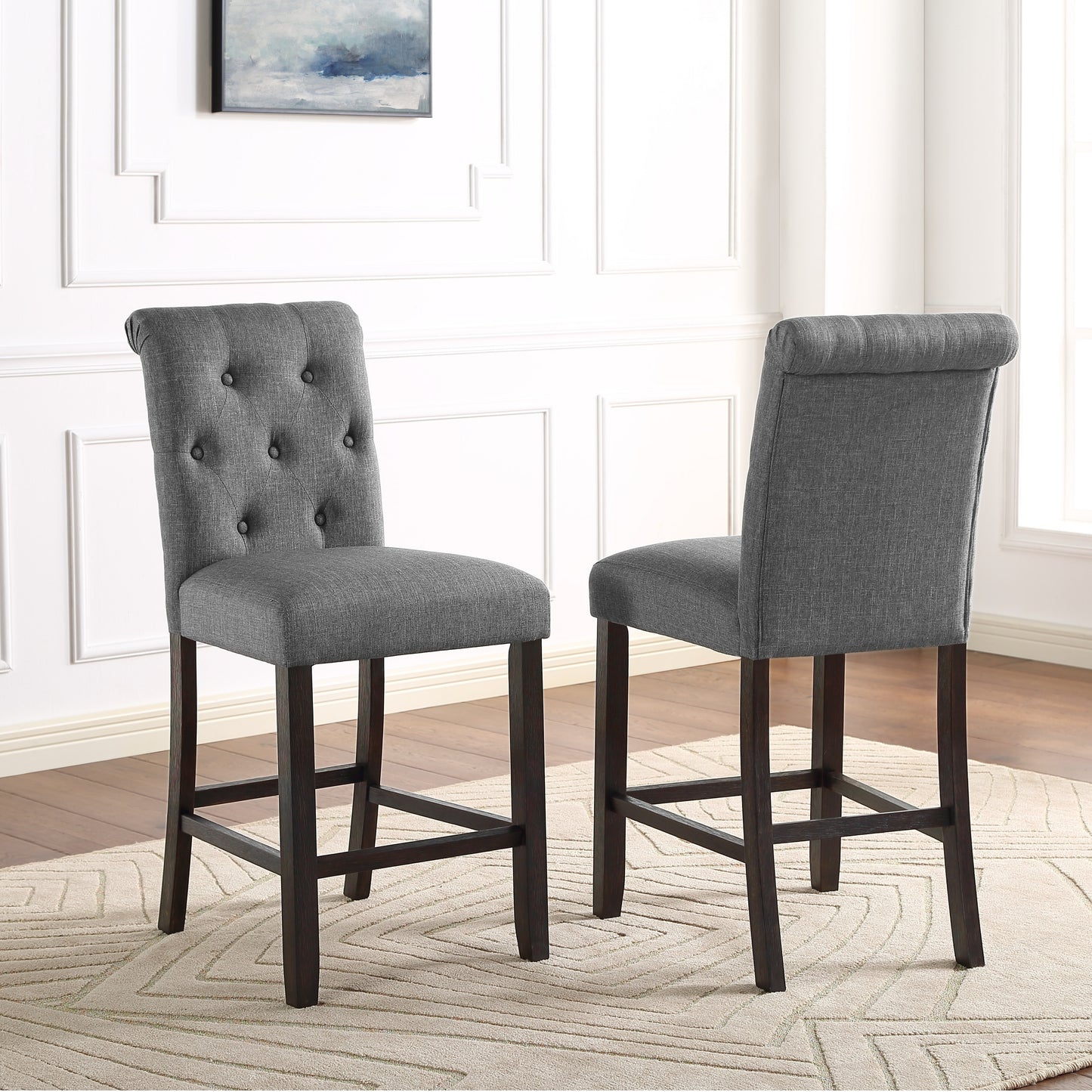 Leviton Solid Wood Tufted Asons Counter Height Stool, Set of 2, Grey