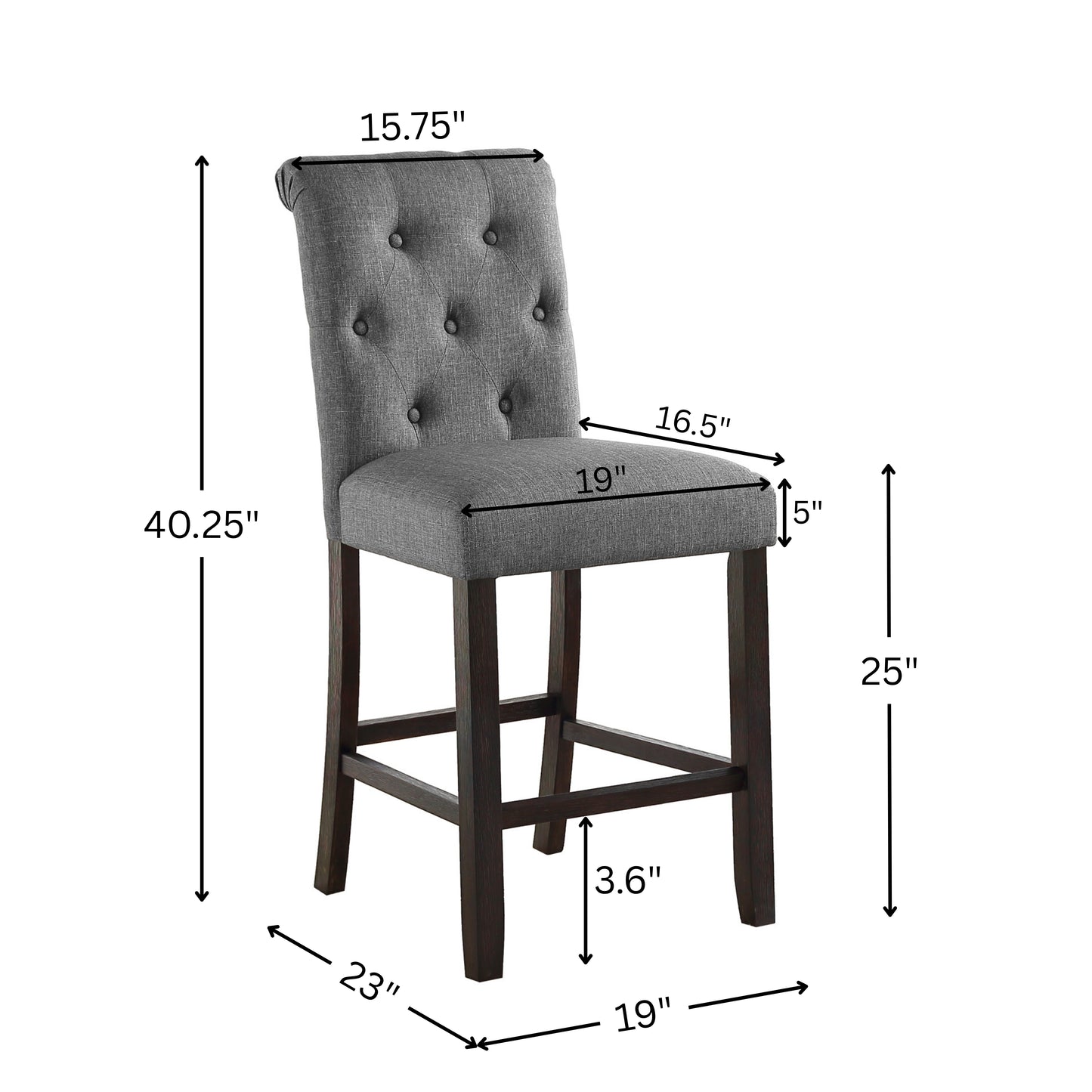 Leviton Solid Wood Tufted Asons Counter Height Stool, Set of 2, Grey