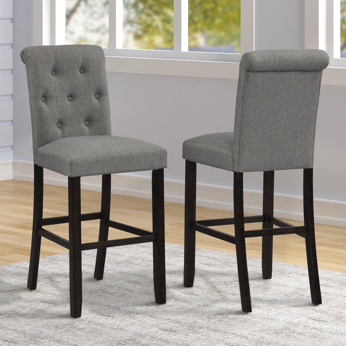 Roundhill Furniture Leviton Solid Wood Tufted Asons Barstool, Grey, Set of 2