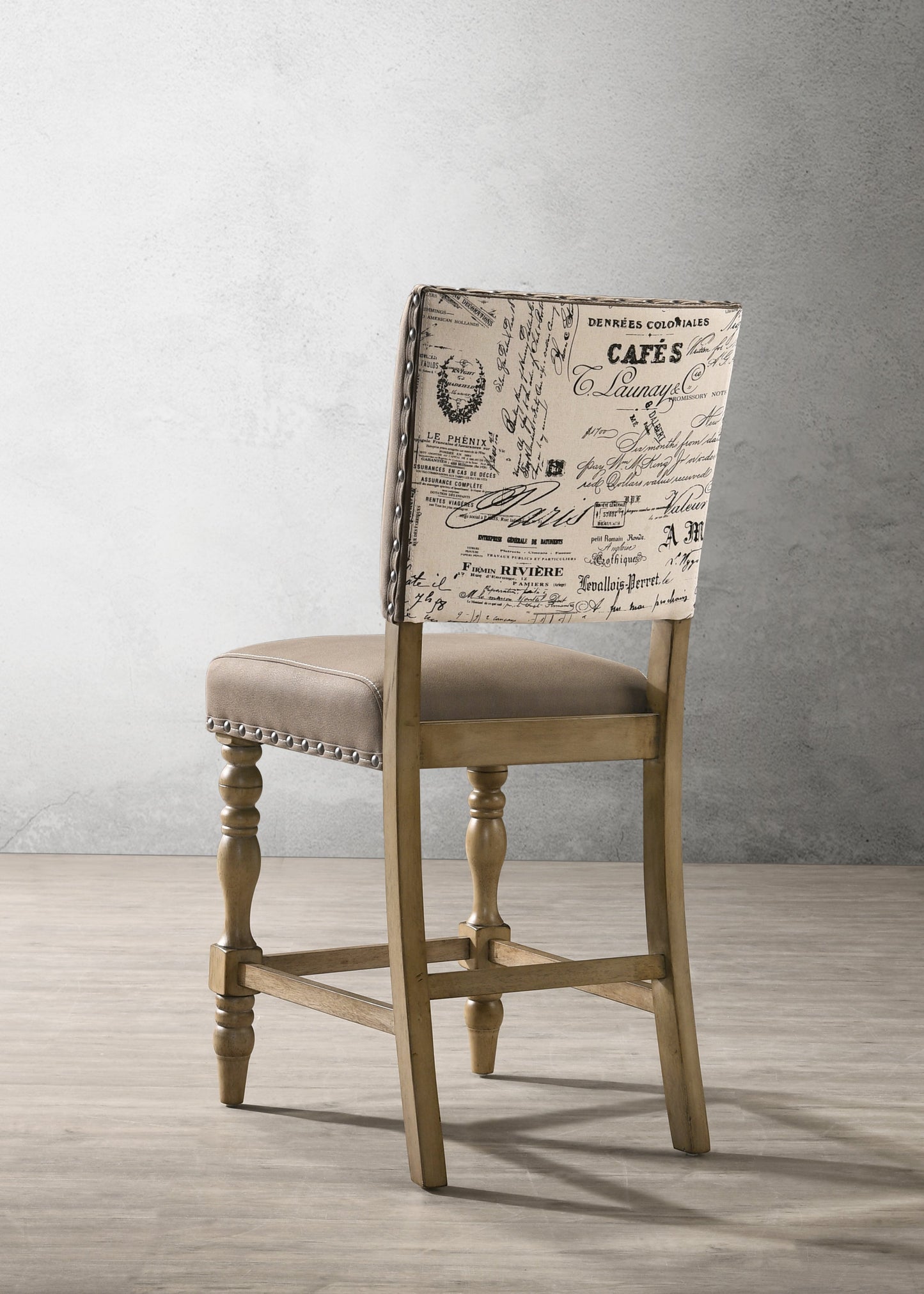 Roundhill Furniture Birmingham Script Printed Driftwood Finish Counter Height Dining Chair with Nail head, Set of 2